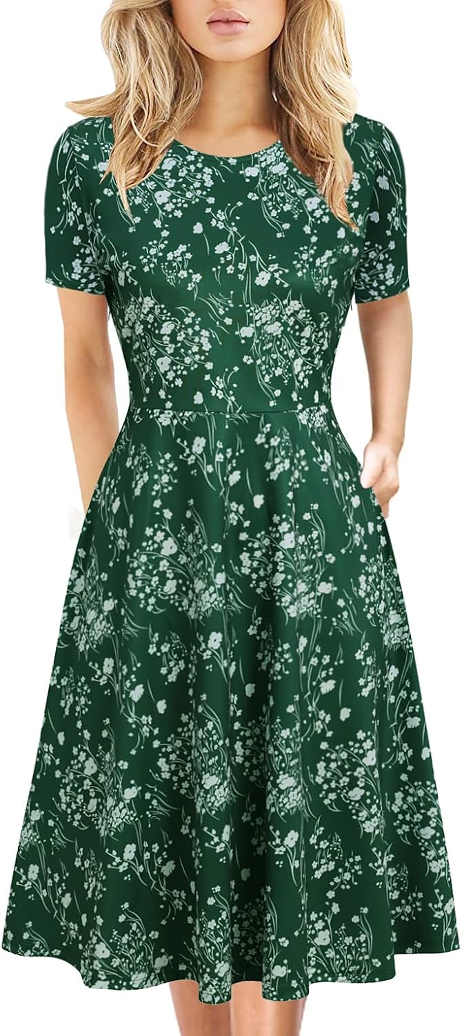 Women's Elegant Knee Length Dresses Vintage Summer Office Casual Floral Print Work Party A-Line Swing Dress with Pockets 162
