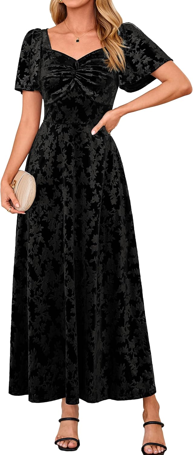 BerryGo Womens Velvet Twist Semi Formal Wedding Guest Maxi Dress | with Pockets, A Line, Short Sleeve, Elegant, Bridal Shower, Long Cocktail, Prom, Fall Winter Fashion