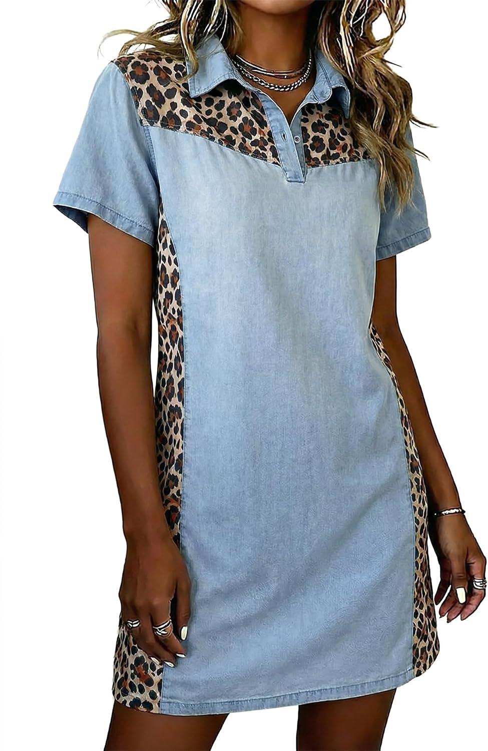 SELINK Patchwork Denim Dress for Women Cute Polo T-Shirt Dress | Short Sleeve Polo Dresses with Collar,Ladies Ribbed Knit Jean Dress,Button Up Summer Dress,Perfect for Casual Daily Wear