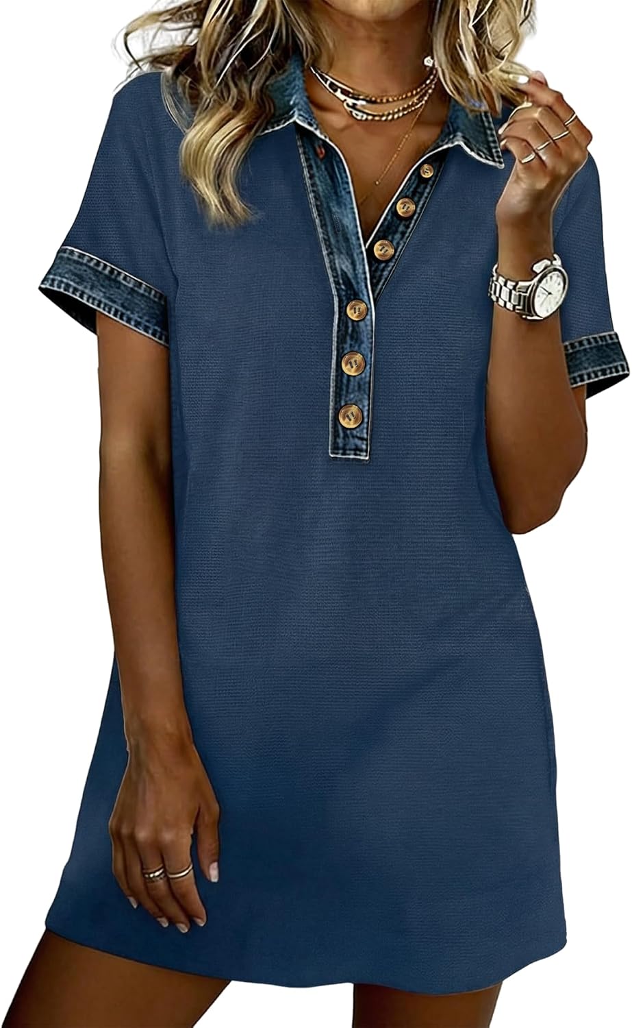 SELINK Patchwork Denim Dress for Women Cute Polo T-Shirt Dress | Short Sleeve Polo Dresses with Collar,Ladies Ribbed Knit Jean Dress,Button Up Summer Dress,Perfect for Casual Daily Wear