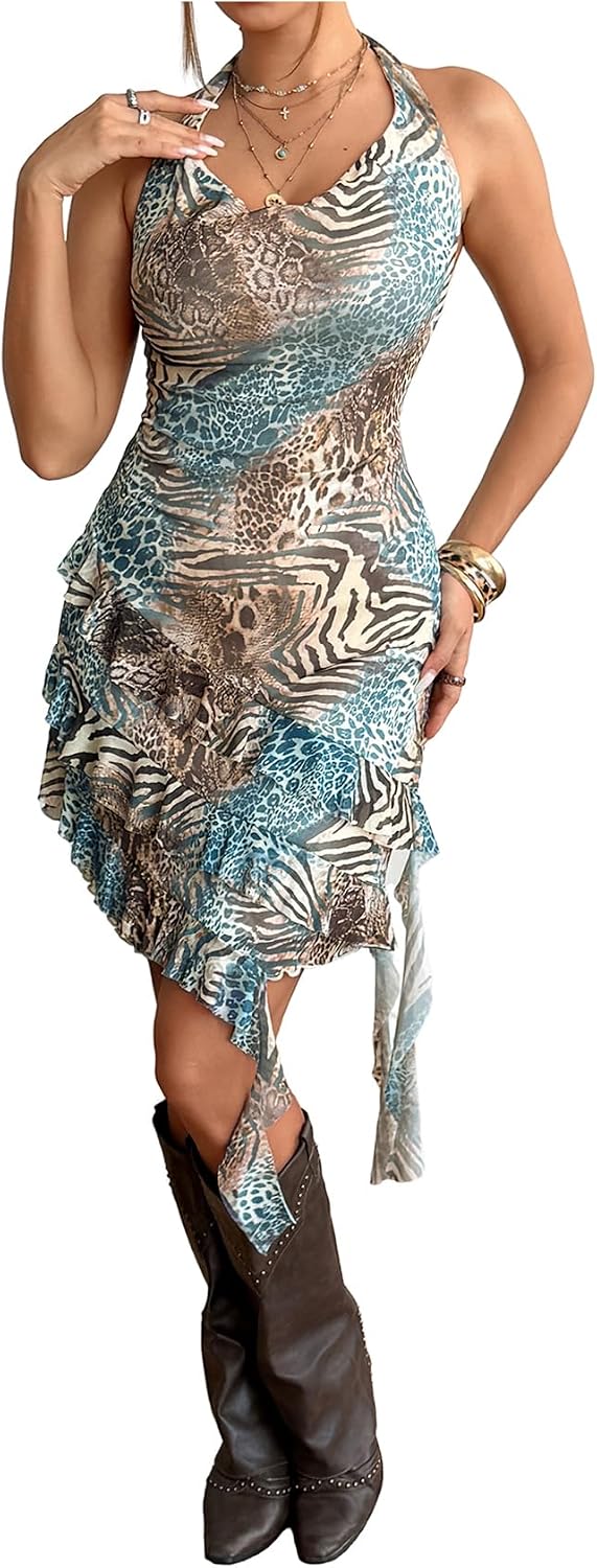 Floerns Women's Cheetah Draped Halter Mini Dress Tiered Ruffle Club Outfits | Backless, Leopard, Y2K, Rave Festival, Concert Outfits, Going Out Dresses