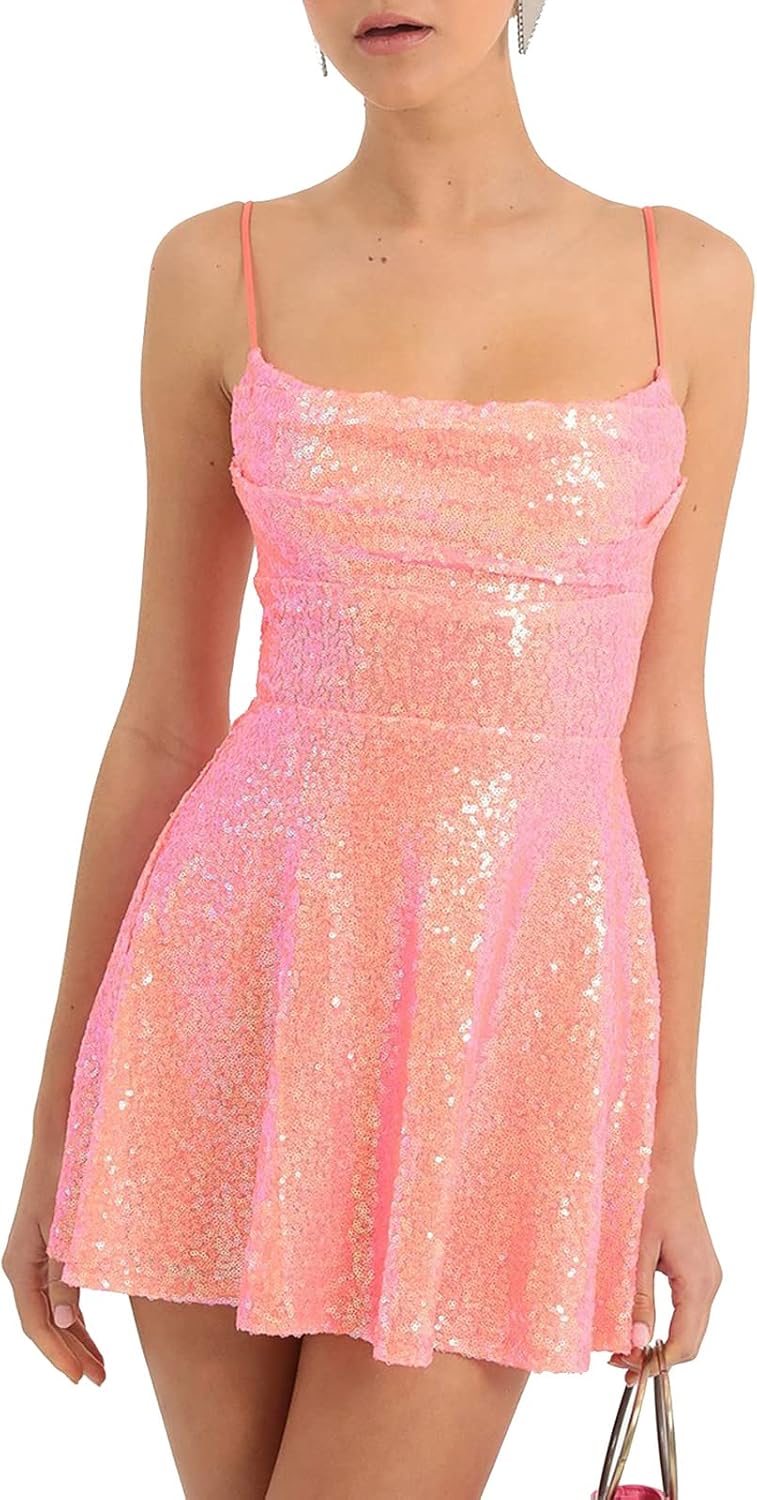 Cjfdfy Women's Summer Sparkly Sequin Mini Dress | Lace-Up Back, A-Line Flowy, Draped Cowl Square Neck, Sexy Sleeveless Backless, Y2K Party Cocktail Homecoming Clothes