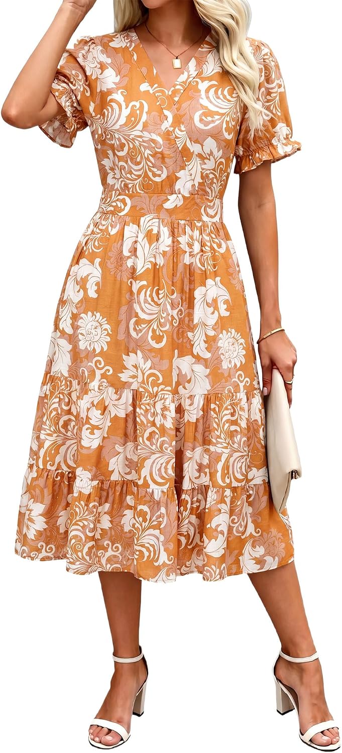 OLICE Summer Dresses Midi Dress V Neck Puffy Short Sleeve Flowy Casual Vacation Beach Sundresses 2026 with Pockets