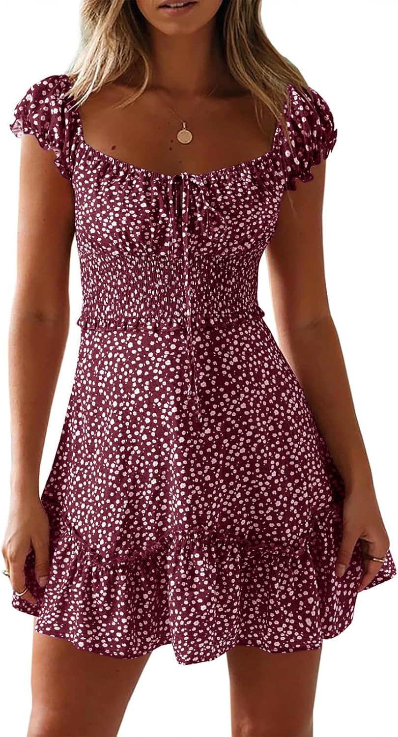 Womens Summer Floral Sundress Ruffle Sleeve Sweetheart Short Mini Dresses | Sun Dress, Sexy, Flowy, Print, Smocked Waist, Western Boho, Beach, Date Night, Country Concert