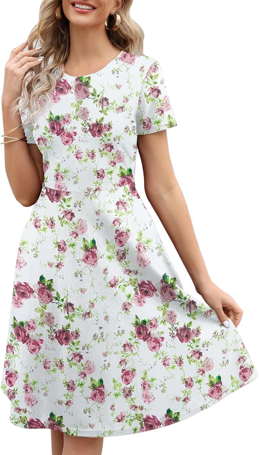 Women's Elegant Knee Length Dresses Vintage Summer Office Casual Floral Print Work Party A-Line Swing Dress with Pockets 162