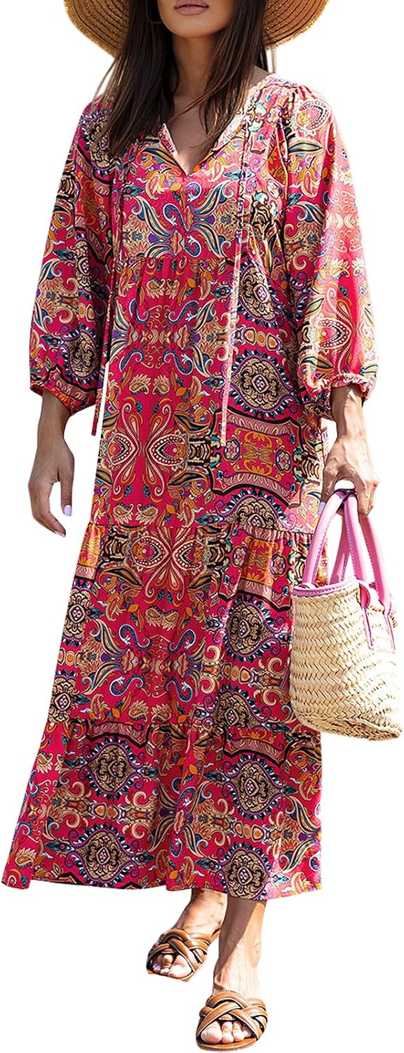 miduo Womens Casual V Neck Half Sleeve Bohemian Geometric Maxi Long Dresses | Loose Fit Beach Summer V Neck Half Sleeve Bohemian Maxi Long Dresses Boho Resortwear Holiday