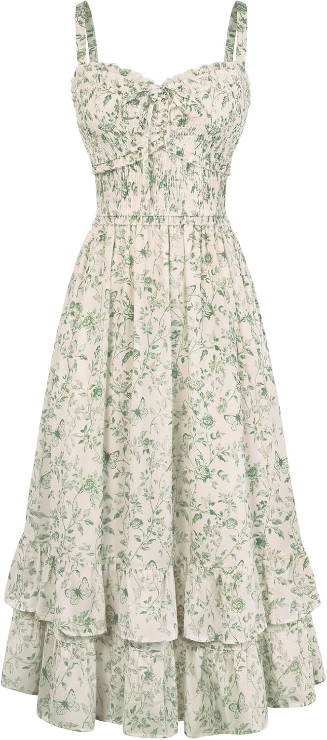 Scarlet Darkness Women's Floral Dress Smocked Sundress with Pockets | Cottagecore Milkmaid Summer Spring Dresses, A line, Flowy, Ankle Length, for Casual, Vacation, Wedding Guest, Tea Party