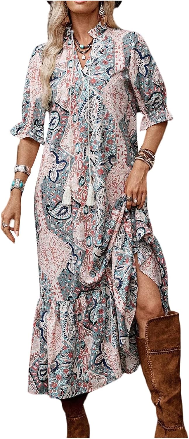 GORGLITTER Women's Western Cowgirl Country 3\/4 Sleeve Maxi Dresses Outfit | Western Dresses to Wear with Boots, Boho Hawaiian Dress, Western Wear for Women, Cowgirl