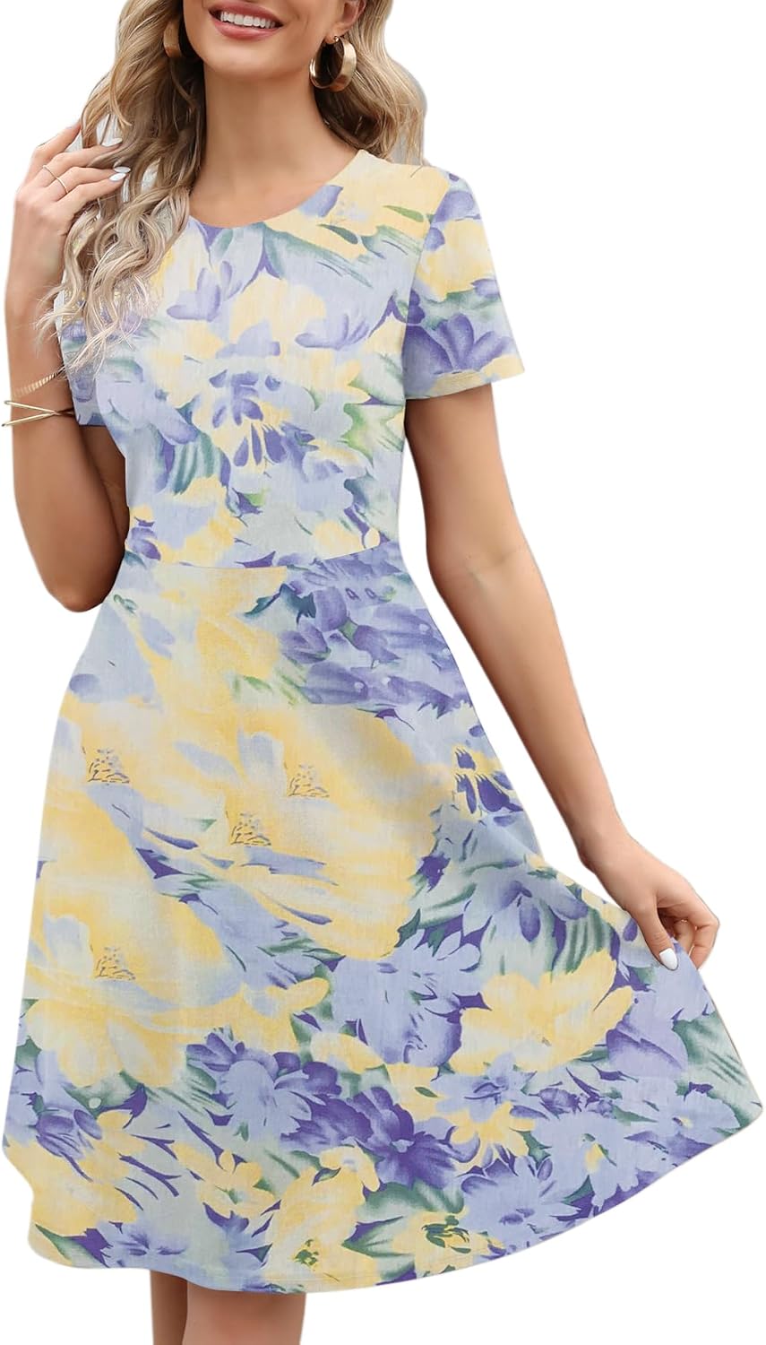 Women's Elegant Knee Length Dresses Vintage Summer Office Casual Floral Print Work Party A-Line Swing Dress with Pockets 162
