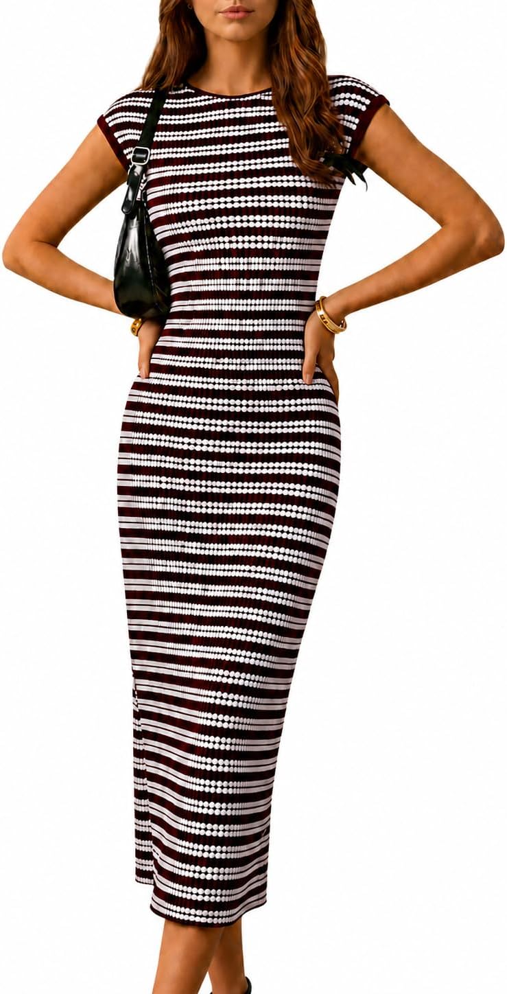 itnpbwus Women's Striped Midi Dress Casual Work Crew Neck Cap Sleeve Knit | Business Casual Dress for Womens Summer Cinched Waist Bodycon Sheer See Through Crochet for Maternity, Office, Beach, Travel
