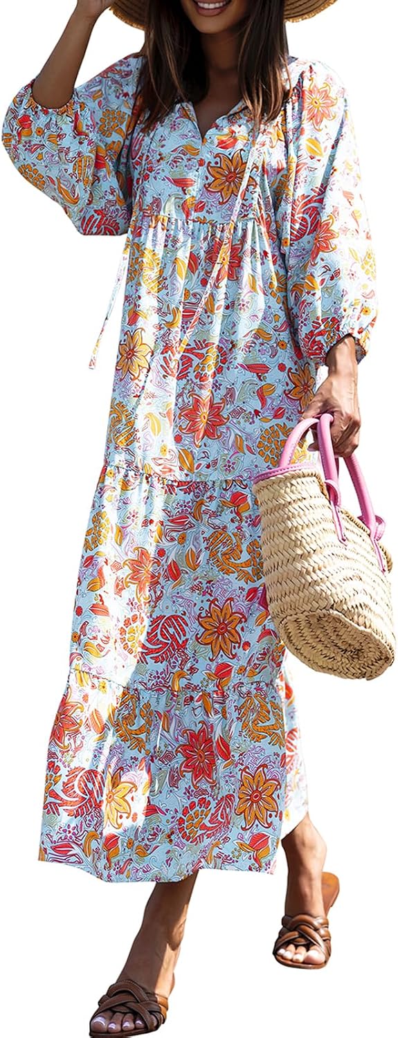 miduo Womens Casual V Neck Half Sleeve Bohemian Geometric Maxi Long Dresses | Loose Fit Beach Summer V Neck Half Sleeve Bohemian Maxi Long Dresses Boho Resortwear Holiday