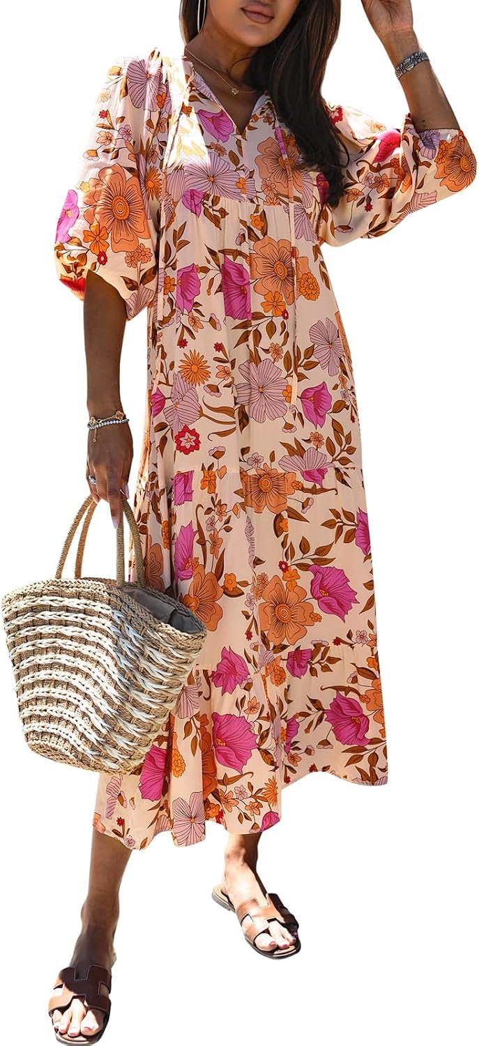 miduo Womens Casual V Neck Half Sleeve Bohemian Geometric Maxi Long Dresses | Loose Fit Beach Summer V Neck Half Sleeve Bohemian Maxi Long Dresses Boho Resortwear Holiday