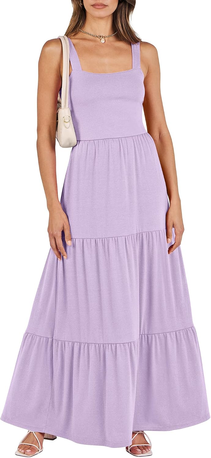 ANRABESS Women's Summer Flowy Maxi Dress Square Neck Sundress with Pockets | Casual Beach Travel Vacation Sleeveless Sun Dress, A-line Boho Tiered Tank Top Long Dresses