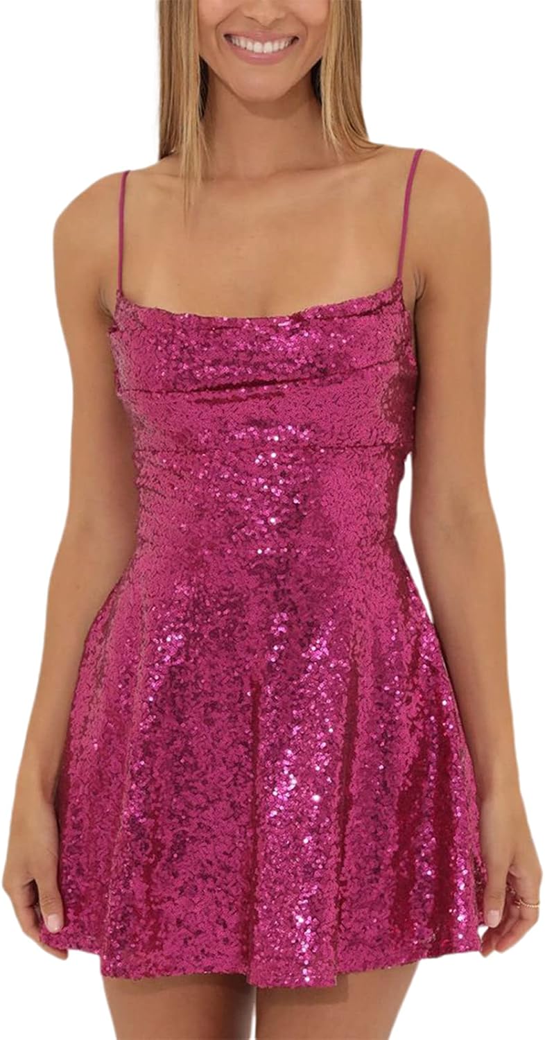 Cjfdfy Women's Summer Sparkly Sequin Mini Dress | Lace-Up Back, A-Line Flowy, Draped Cowl Square Neck, Sexy Sleeveless Backless, Y2K Party Cocktail Homecoming Clothes