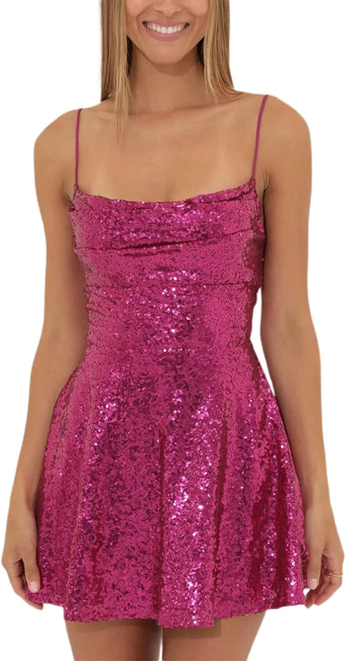 Cjfdfy Women's Summer Sparkly Sequin Mini Dress | Lace-Up Back, A-Line Flowy, Draped Cowl Square Neck, Sexy Sleeveless Backless, Y2K Party Cocktail Homecoming Clothes