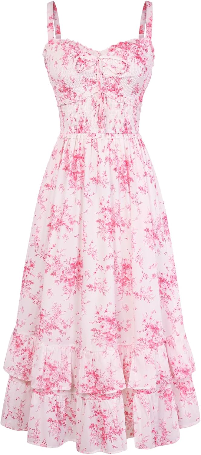 Scarlet Darkness Women's Floral Dress Smocked Sundress with Pockets | Cottagecore Milkmaid Summer Spring Dresses, A line, Flowy, Ankle Length, for Casual, Vacation, Wedding Guest, Tea Party