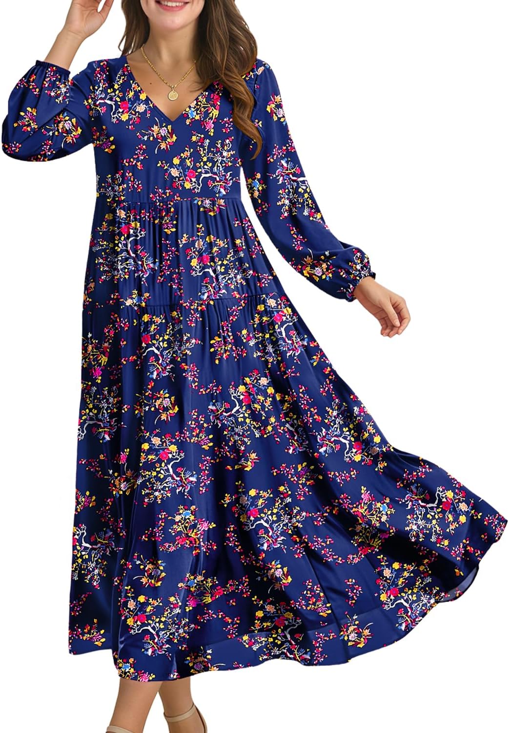 YESNO Women Fall Casual Maxi Dresses Long Lantern Sleeve EVFP2 | V Neck, long sleeve, tiered skirt, flowy beach vacation outfits, spring fall maxi dress with pockets, strap tie
