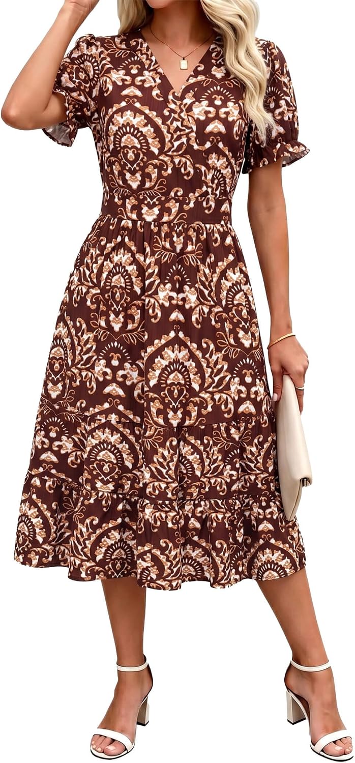OLICE Summer Dresses Midi Dress V Neck Puffy Short Sleeve Flowy Casual Vacation Beach Sundresses 2026 with Pockets