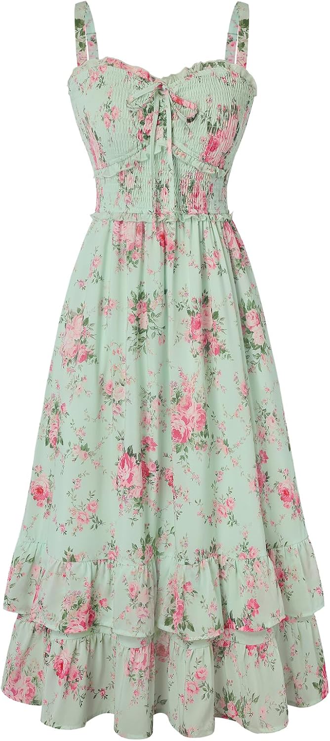 Scarlet Darkness Women's Floral Dress Smocked Sundress with Pockets | Cottagecore Milkmaid Summer Spring Dresses, A line, Flowy, Ankle Length, for Casual, Vacation, Wedding Guest, Tea Party