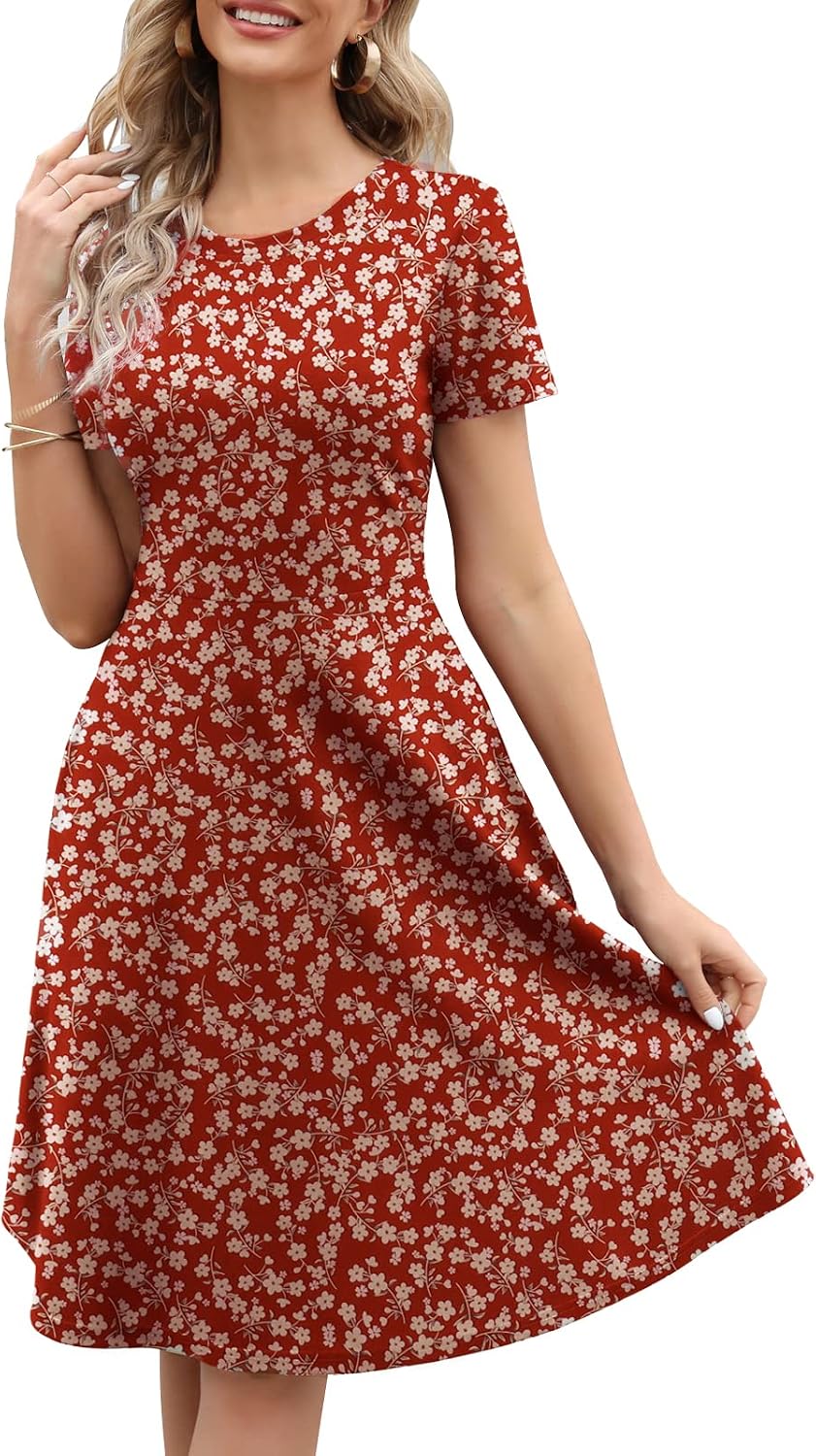 Women's Elegant Knee Length Dresses Vintage Summer Office Casual Floral Print Work Party A-Line Swing Dress with Pockets 162