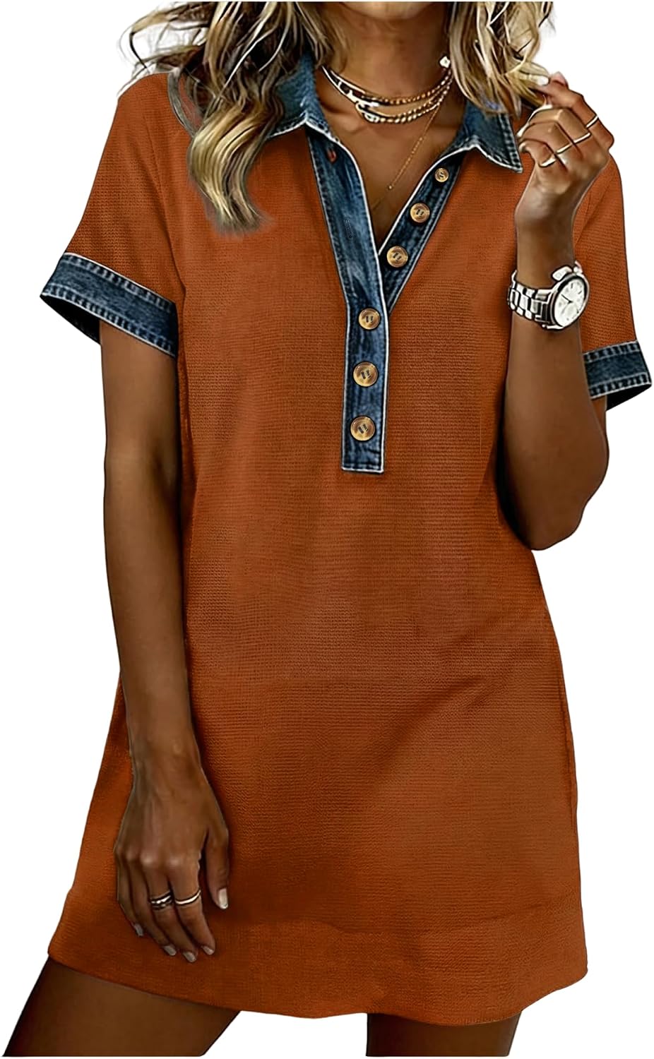 SELINK Patchwork Denim Dress for Women Cute Polo T-Shirt Dress | Short Sleeve Polo Dresses with Collar,Ladies Ribbed Knit Jean Dress,Button Up Summer Dress,Perfect for Casual Daily Wear