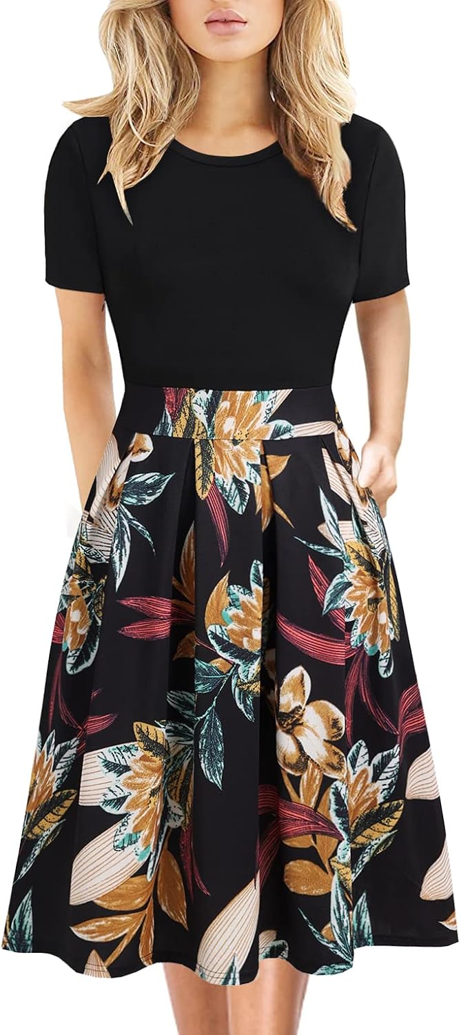 Women's Elegant Knee Length Dresses Vintage Summer Office Casual Floral Print Work Party A-Line Swing Dress with Pockets 162