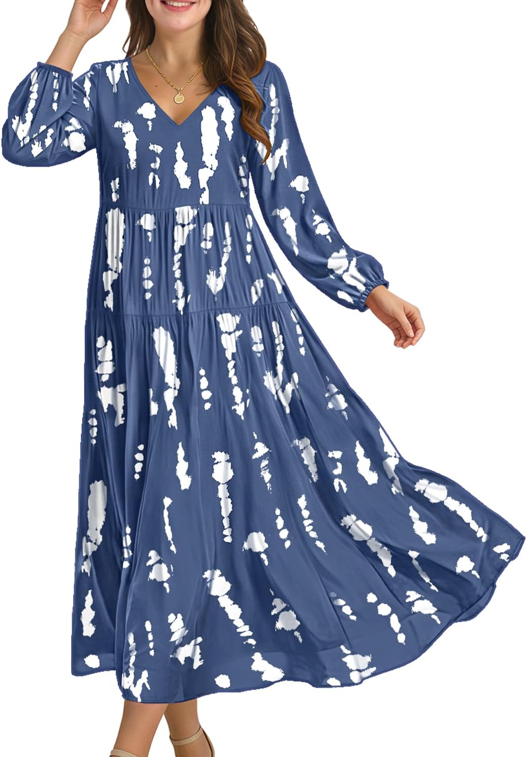 YESNO Women Fall Casual Maxi Dresses Long Lantern Sleeve EVFP2 | V Neck, long sleeve, tiered skirt, flowy beach vacation outfits, spring fall maxi dress with pockets, strap tie