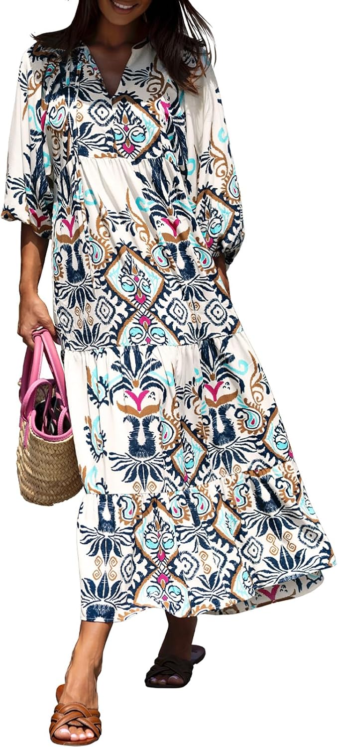 miduo Womens Casual V Neck Half Sleeve Bohemian Geometric Maxi Long Dresses | Loose Fit Beach Summer V Neck Half Sleeve Bohemian Maxi Long Dresses Boho Resortwear Holiday