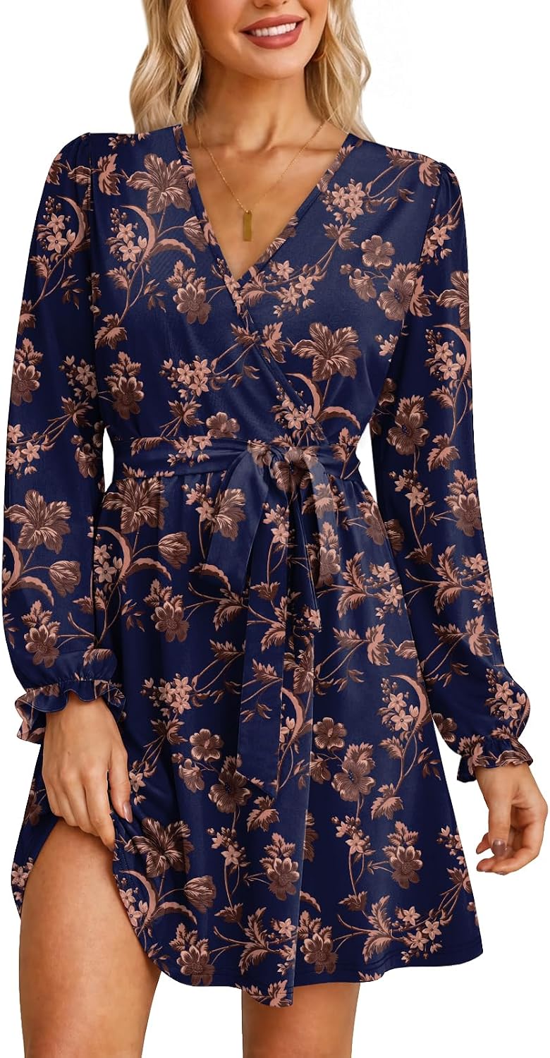 OFEEFAN Womens Wrap V Neck Dress Long Sleeve Belted Fall a Line Dress 2026 | Knee Length Dress,Wedding Guest Dress,Elastic Waist with Belt,Soft Stretch Fabric,Dressy Casual,Solid Floral Prints