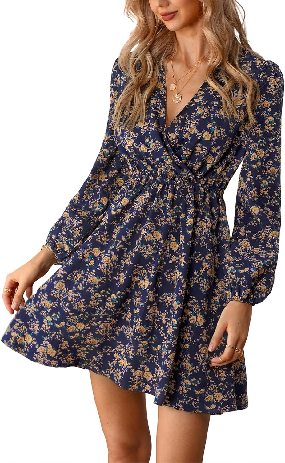 CUPSHE Floral Ruffle Mini Dress Peasant Sleeve Fall Dress Casual Vacation | Surplice V neck Long sleeve, Elastic waist, Flowy A Line, Elegent Holiday ready