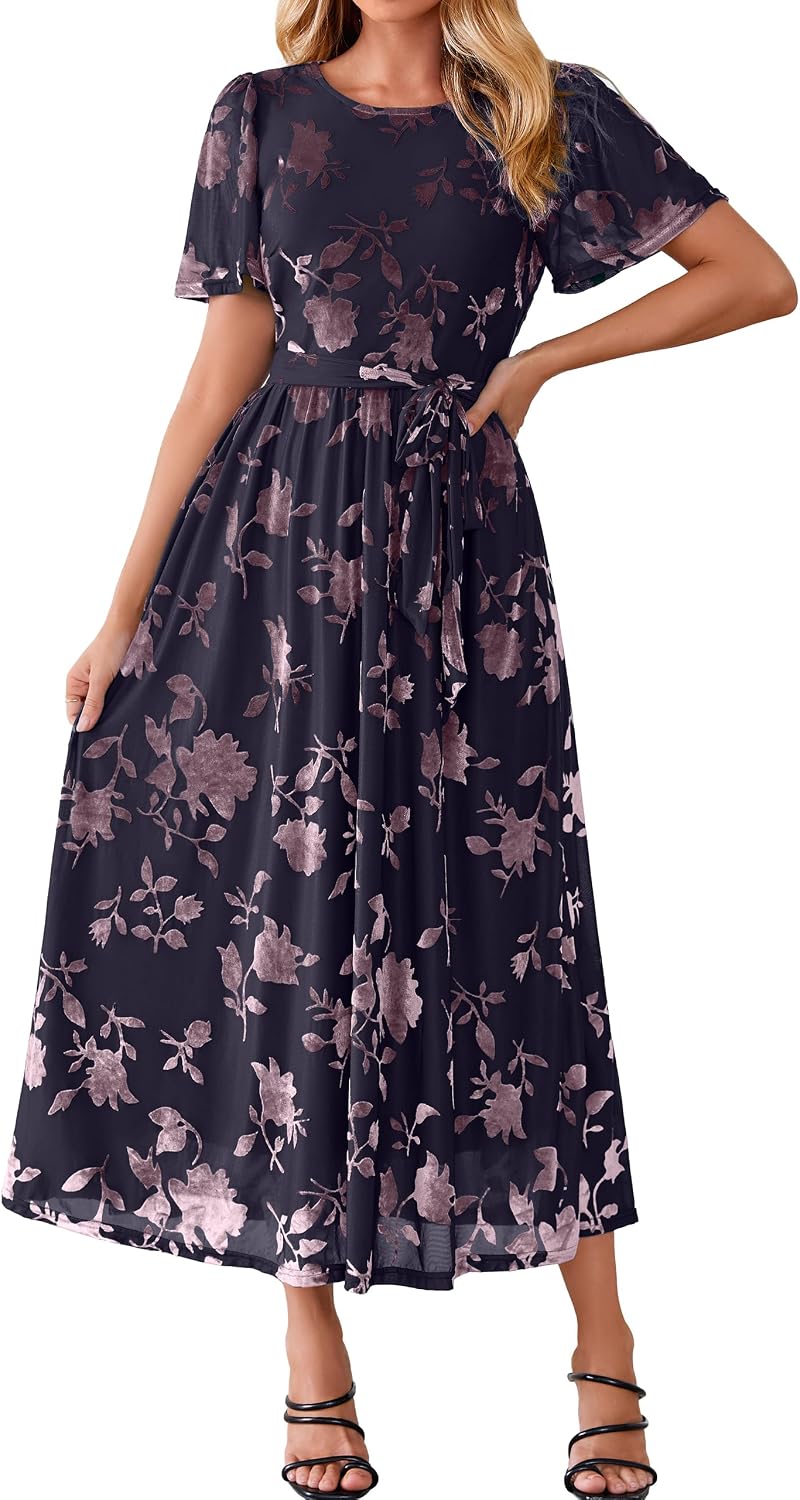 Simplee Womens Semi Formal Fall Wedding Guest Velvet Burnout Maxi Dress | Casual Crew Neck, Flutter Short Sleeve, Tie Waist, Flowy A Line, Bridal Shower, Winter Holiday, Garden Party