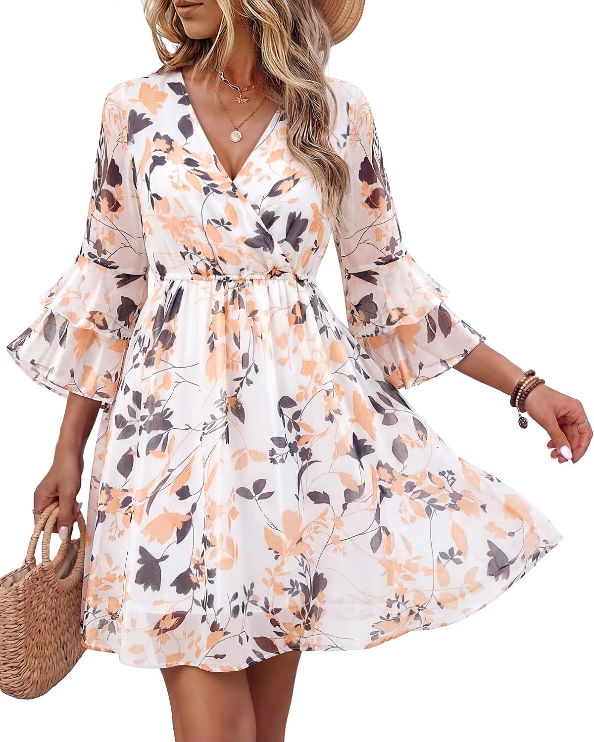 Bebonnie Womens 3\/4 Ruffle Sleeve Spring Summer Casual V Neck Flowy Chiffon Layers Dresses
