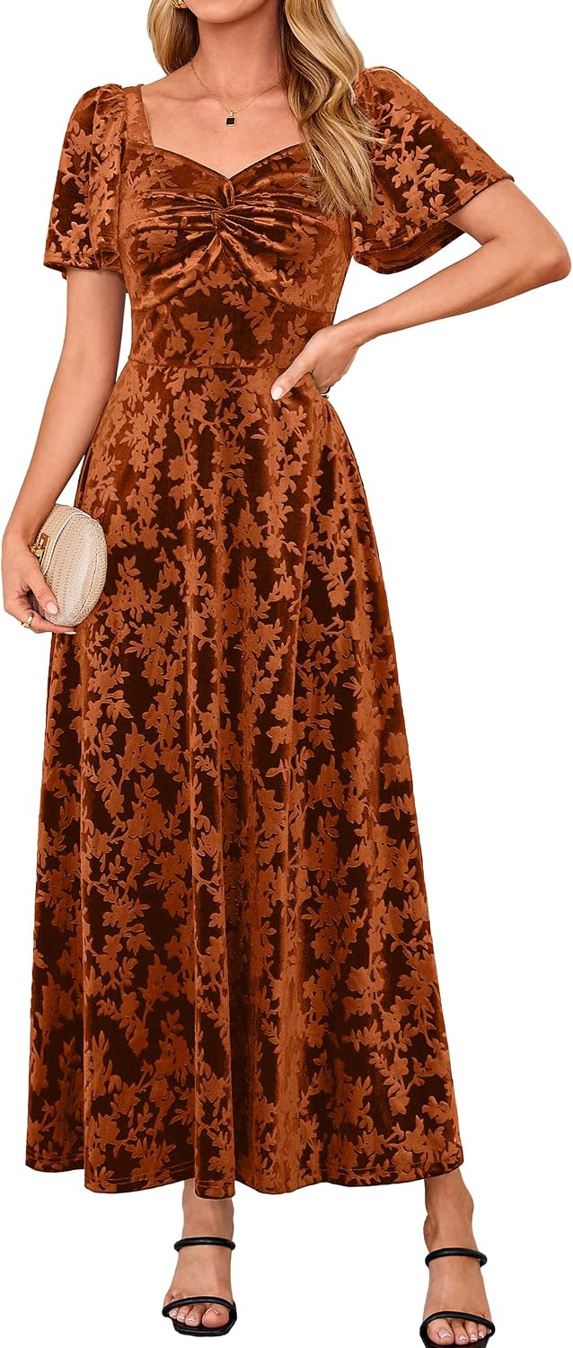 BerryGo Womens Velvet Twist Semi Formal Wedding Guest Maxi Dress | with Pockets, A Line, Short Sleeve, Elegant, Bridal Shower, Long Cocktail, Prom, Fall Winter Fashion