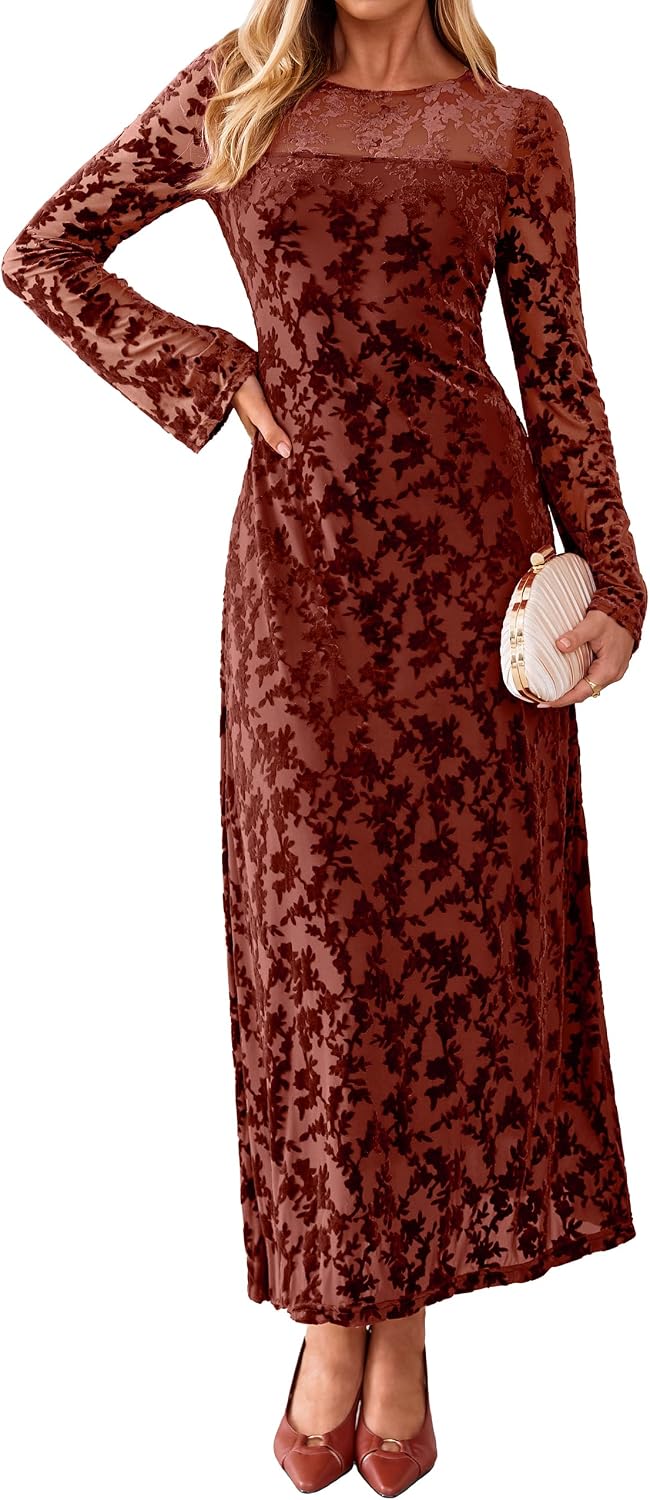 Simplee Womens Velvet Long Sleeve Fall Formal Wedding Guest Maxi Dress | Burnout Velvet Floral, Stretch Mesh Fabric, Long Bell Sleeve,Winter Holiday, Elegant Cocktail Party Dress