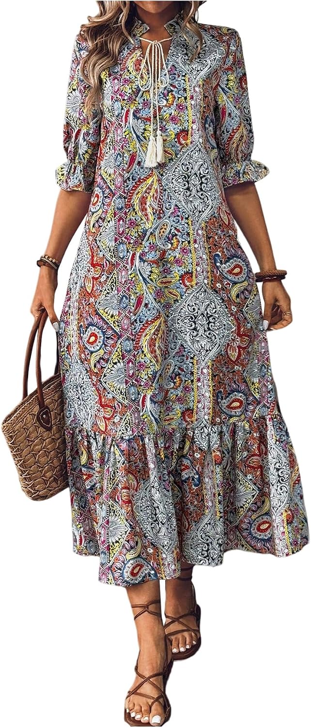 GORGLITTER Women's Western Cowgirl Country 3\/4 Sleeve Maxi Dresses Outfit | Western Dresses to Wear with Boots, Boho Hawaiian Dress, Western Wear for Women, Cowgirl