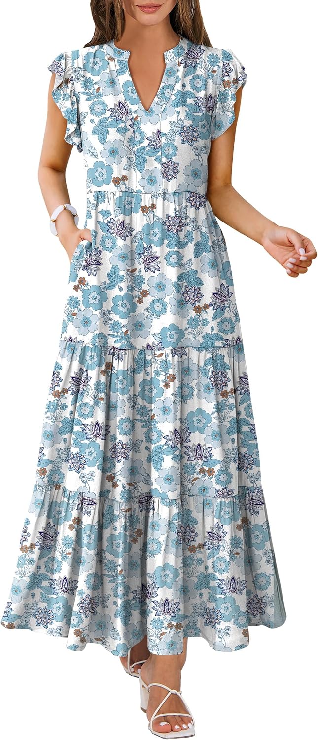 ANRABESS Womens Summer Dress Ruffle Sleeve V Neck Vacation Maxi Dresses | Flowy Tiered Boho Beach Sundress, Casual Fit Long Dress with Pockets, Soft Fashion Work Outfits 2026