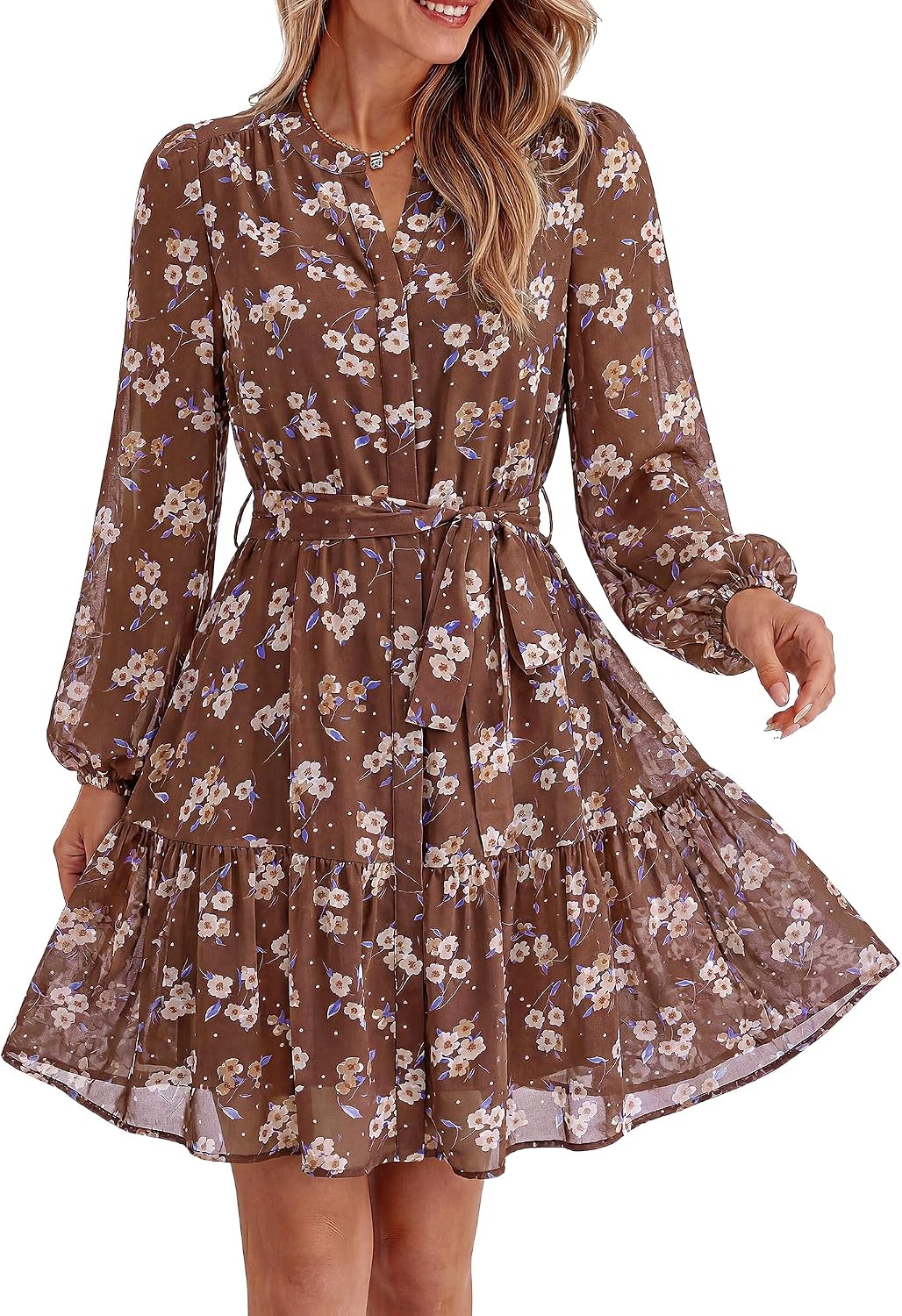 BTFBM Womens Dresses Fall Chiffon Floral V Neck Long Sleeve Mini Dress | Hidden Button Down, Flowy A Line Boho Casual Dress, Fashion Clothing 2026, Cocktail Party Holiday Wedding Guest Dresses