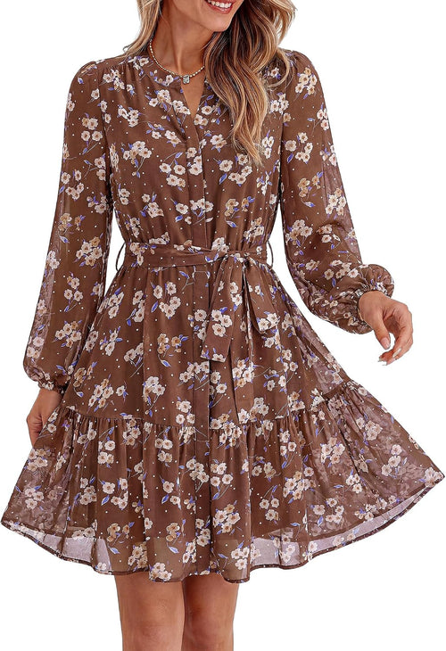BTFBM Womens Dresses Fall Chiffon Floral V Neck Long Sleeve Mini Dress | Hidden Button Down, Flowy A Line Boho Casual Dress, Fashion Clothing 2026, Cocktail Party Holiday Wedding Guest Dresses