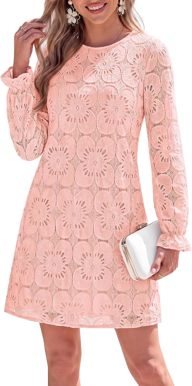 KIRUNDO Womens Long Sleeve Crochet Floral Eyelet Lace Mini Dress | Cute Fall Long Sleeve Embroidered Loose Shift Dress, Elegant Dress for Wedding Guest Bridal Shower Garden Party Vacation