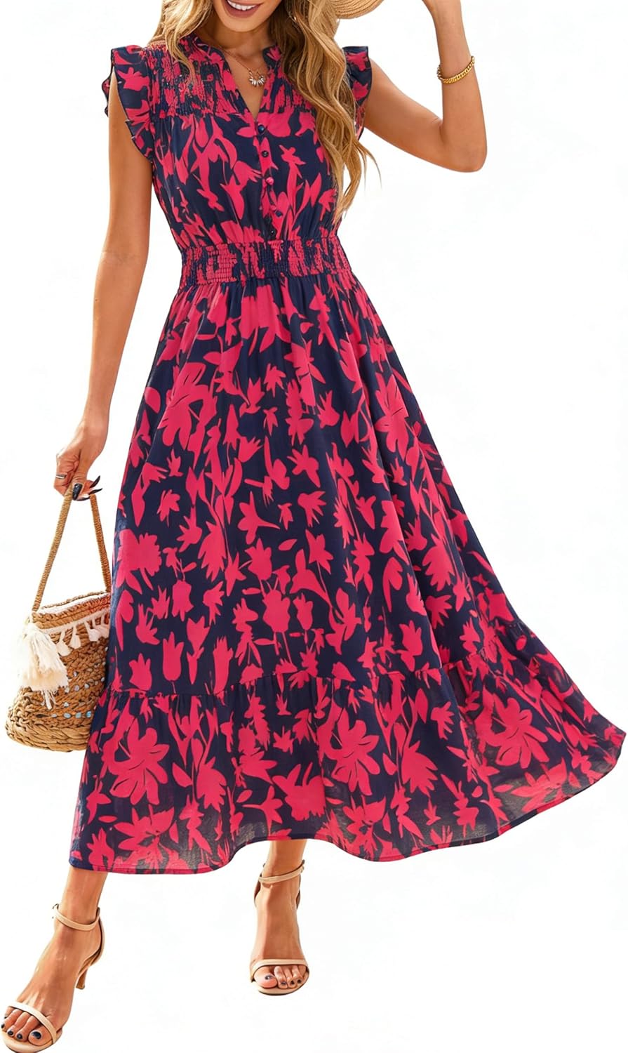 Simplee Womens Summer Floral Mixi Dress V Neck Ruffle Short Sleeve Flowy Dress Boho Casual Beach Long Dresses 2026