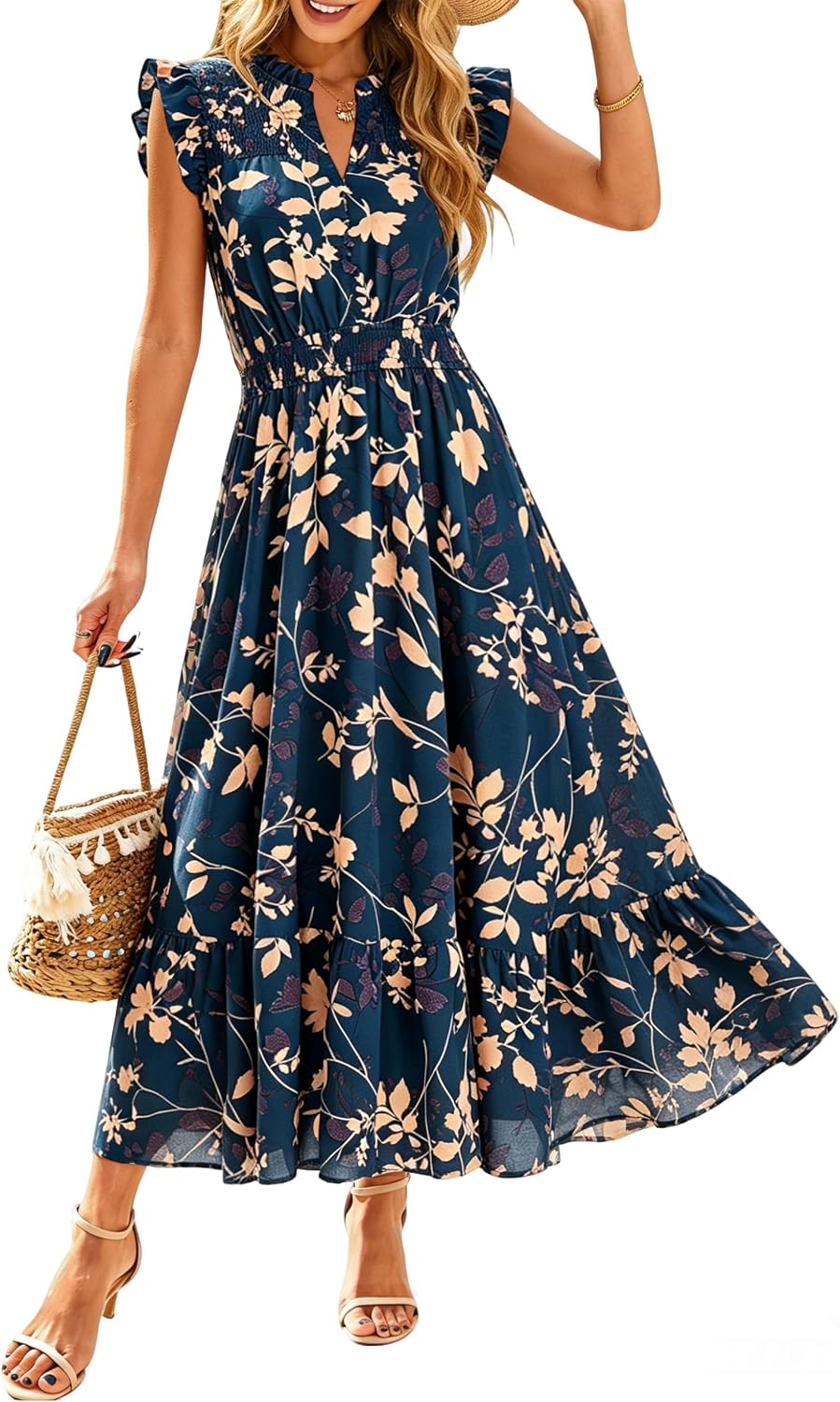Simplee Womens Summer Floral Mixi Dress V Neck Ruffle Short Sleeve Flowy Dress Boho Casual Beach Long Dresses 2026