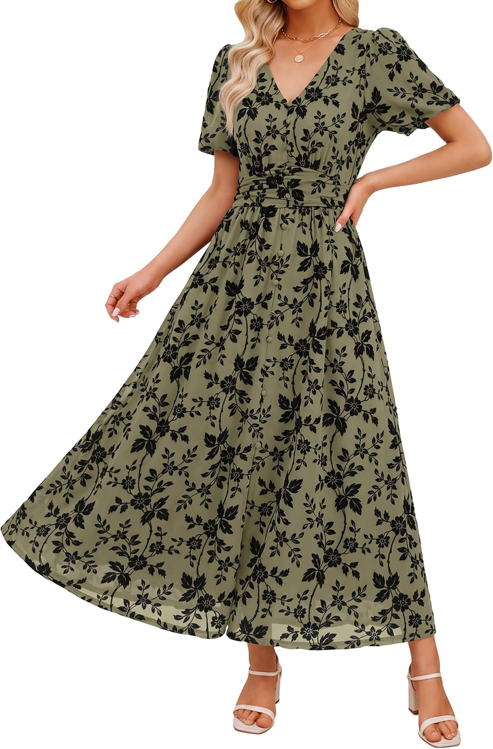 Simplee Womens Floral Wedding Guest Mesh Maxi Dress Formal Cocktail Dresses | Boho Flowy, Semi Formal, Evening Dinner, Empire Waist, Short Sleeve, Long Elegant Western, Fall Winter Holiday