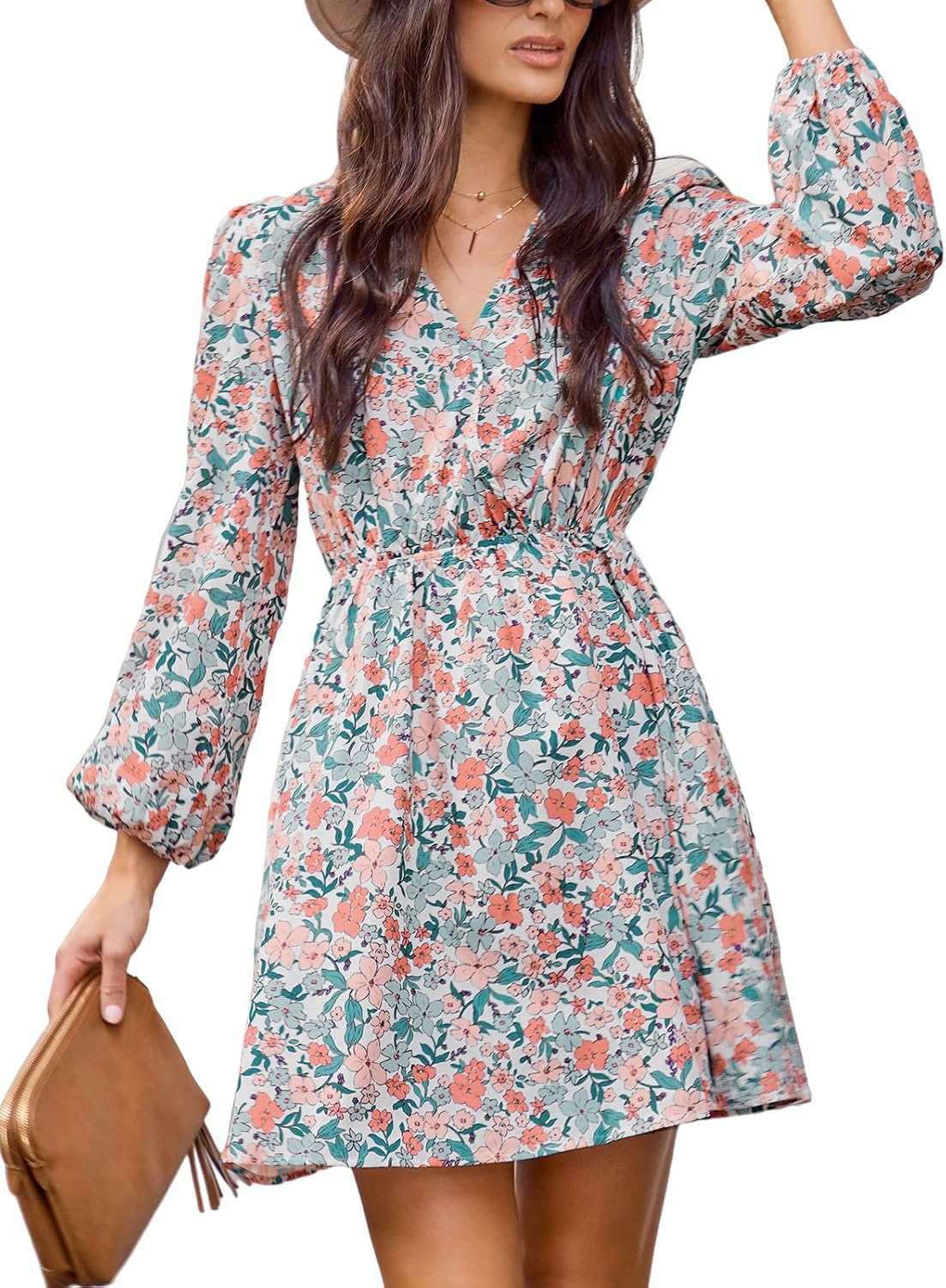 CUPSHE Floral Ruffle Mini Dress Peasant Sleeve Fall Dress Casual Vacation | Surplice V neck Long sleeve, Elastic waist, Flowy A Line, Elegent Holiday ready