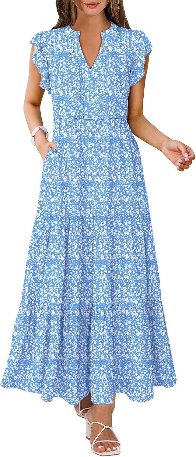 ANRABESS Womens Summer Dress Ruffle Sleeve V Neck Vacation Maxi Dresses | Flowy Tiered Boho Beach Sundress, Casual Fit Long Dress with Pockets, Soft Fashion Work Outfits 2026