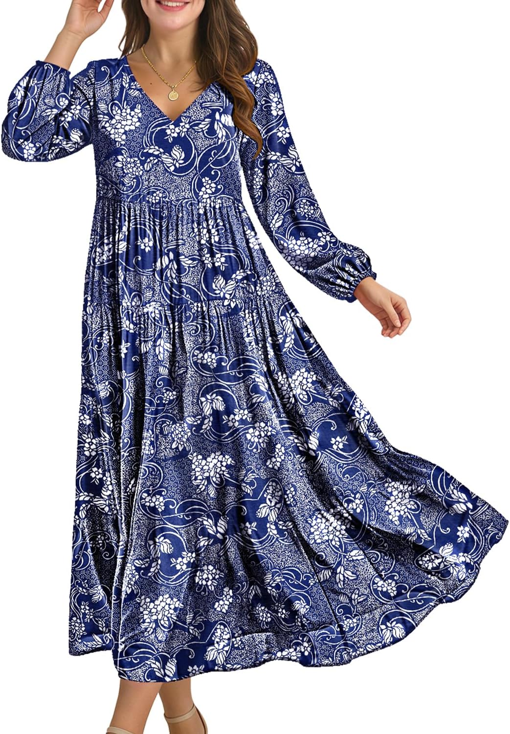 YESNO Women Fall Casual Maxi Dresses Long Lantern Sleeve EVFP2 | V Neck, long sleeve, tiered skirt, flowy beach vacation outfits, spring fall maxi dress with pockets, strap tie