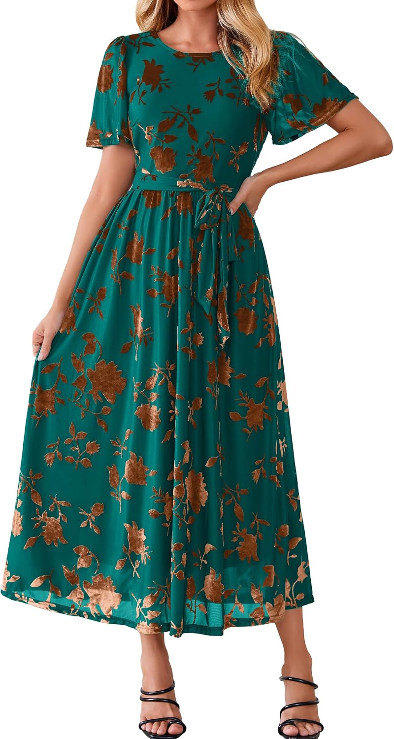 Simplee Womens Semi Formal Fall Wedding Guest Velvet Burnout Maxi Dress | Casual Crew Neck, Flutter Short Sleeve, Tie Waist, Flowy A Line, Bridal Shower, Winter Holiday, Garden Party