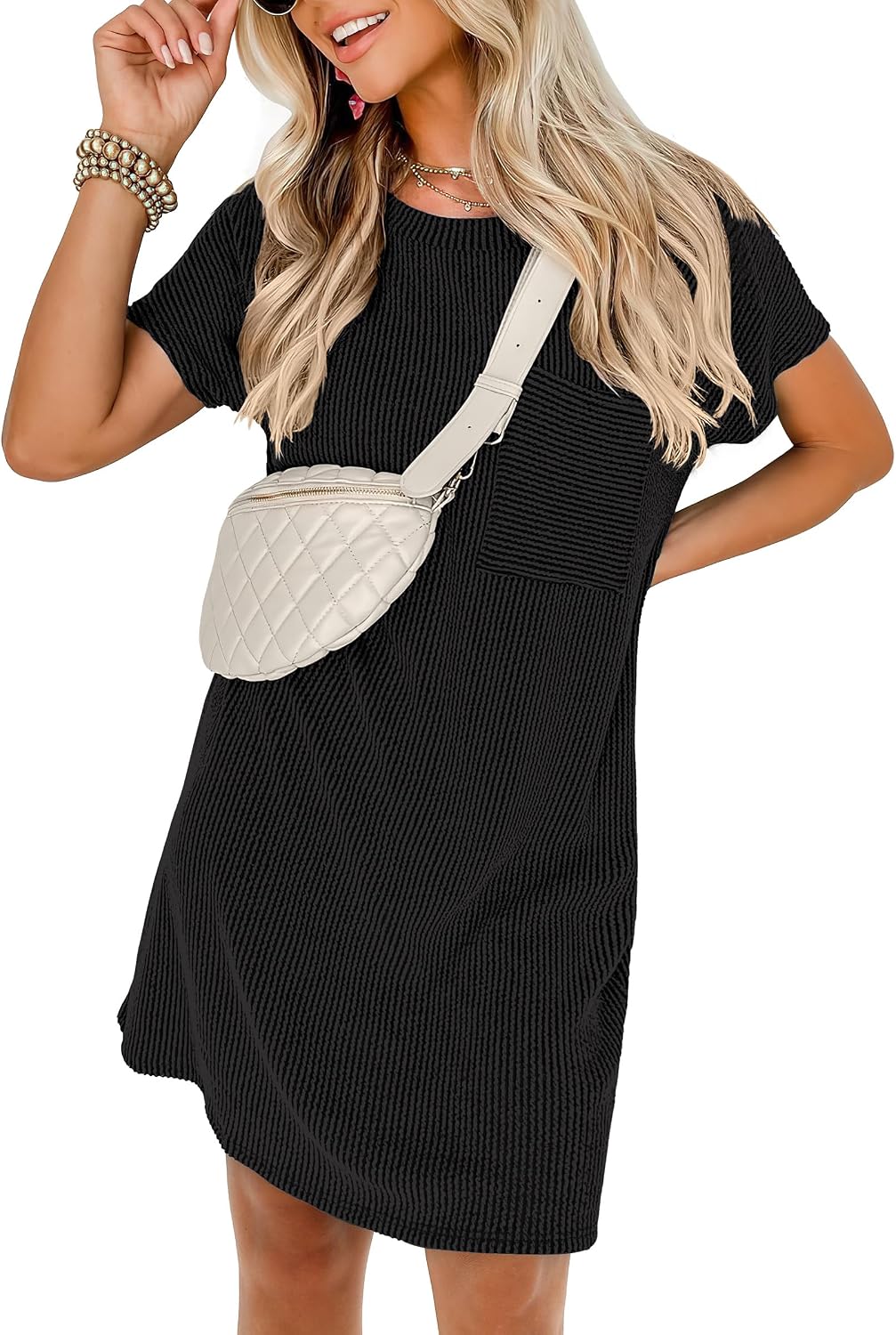 ANRABESS Womens Casual Summer Ribbed Knit Tunic Tshirt Mini Dresses 2026 Trendy Crewneck Short Sleeve Beach Loose Shift Dress