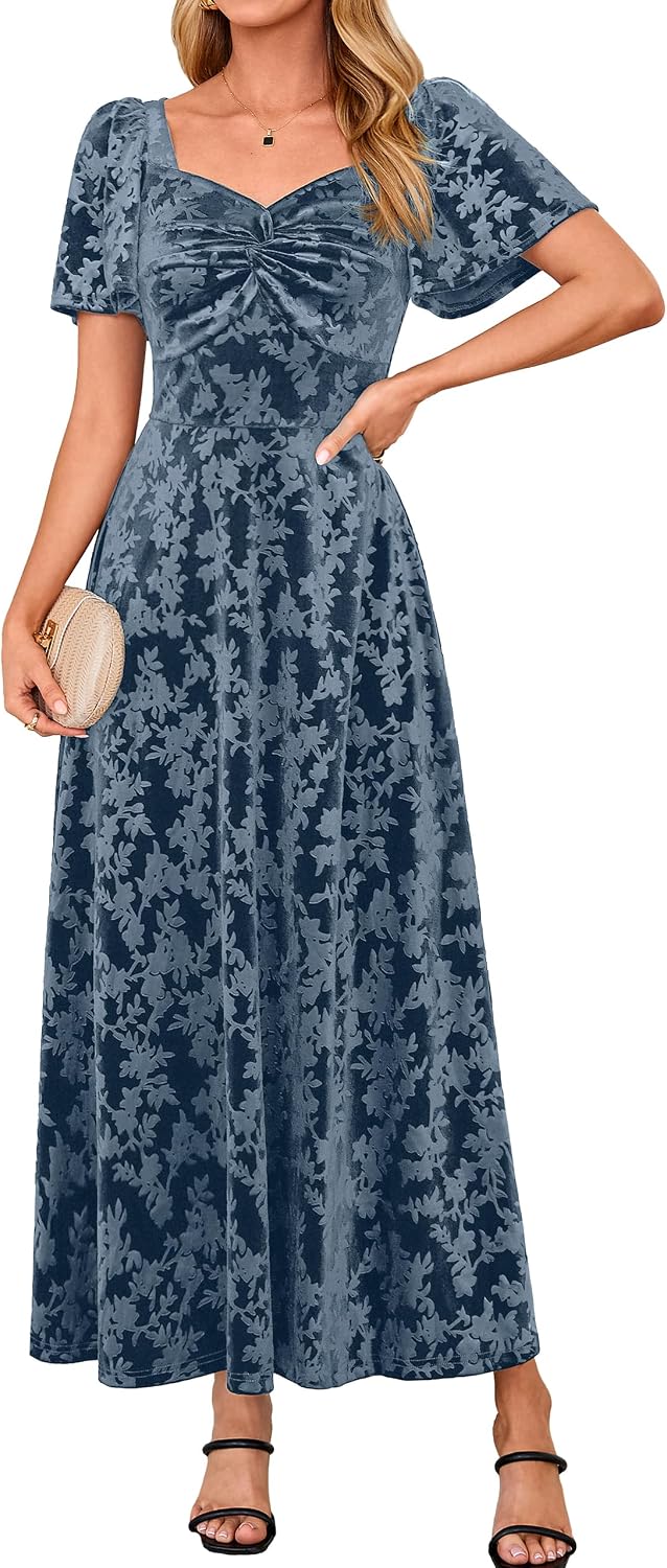 BerryGo Womens Velvet Twist Semi Formal Wedding Guest Maxi Dress | with Pockets, A Line, Short Sleeve, Elegant, Bridal Shower, Long Cocktail, Prom, Fall Winter Fashion