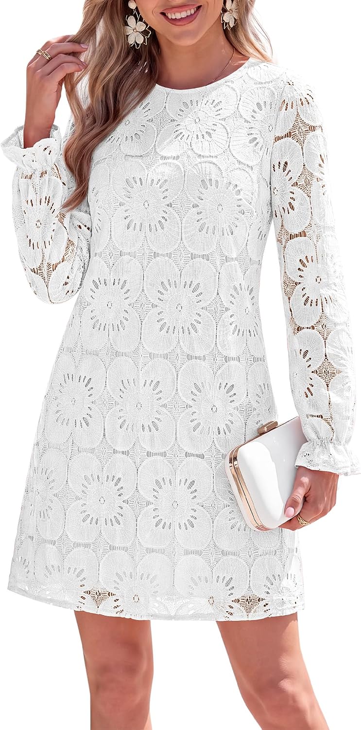 KIRUNDO Womens Long Sleeve Crochet Floral Eyelet Lace Mini Dress | Cute Fall Long Sleeve Embroidered Loose Shift Dress, Elegant Dress for Wedding Guest Bridal Shower Garden Party Vacation