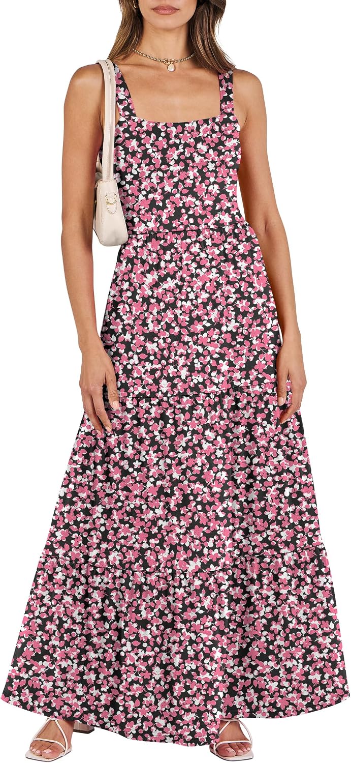 ANRABESS Women's Summer Flowy Maxi Dress Square Neck Sundress with Pockets | Casual Beach Travel Vacation Sleeveless Sun Dress, A-line Boho Tiered Tank Top Long Dresses